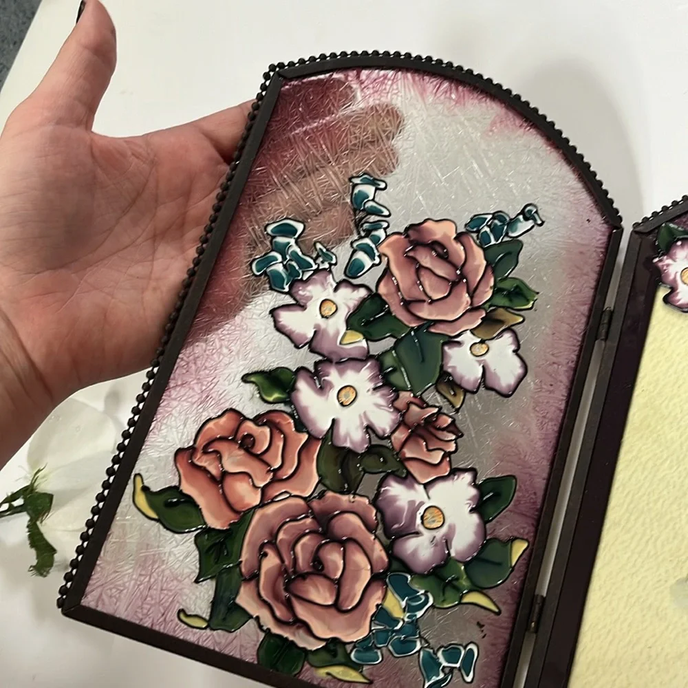 Vintage Stained Glass Bifold Floral Picture Frame